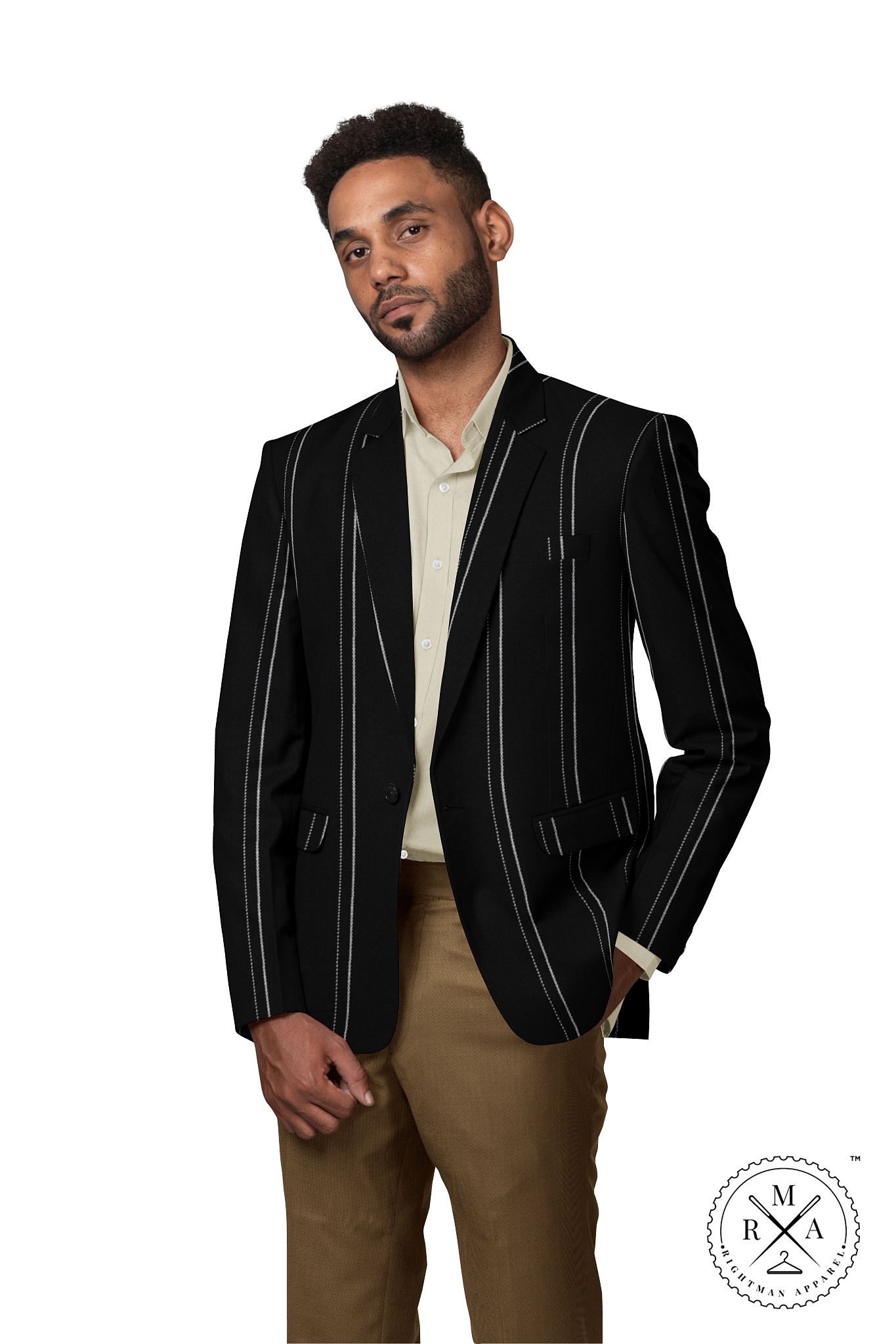 Solid Black Blazer With White Pinstripes SU61